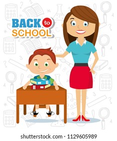 boy student learn in the desk with woman teacher vector illustration
