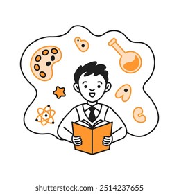 Niño estudiante aprendiendo la línea de doodle de ciencias naturales e ilustración a color. Colegial feliz que lee la persona lineal del Vector del bosquejo del libro de texto