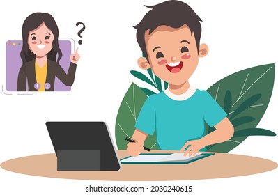 Boy student learning online school education with laptop.