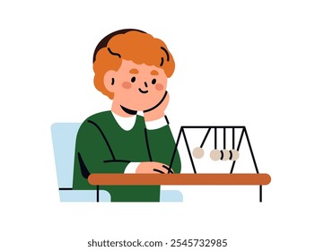 Boy student learning physics. Curious school kid during science experiment with Newton cradle, studying. Happy smart child pupil at desk. Flat vector illustration isolated on white background