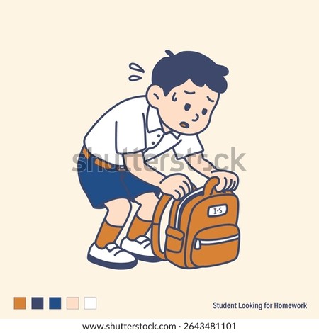 A boy Student Looking for Homework in the backpack