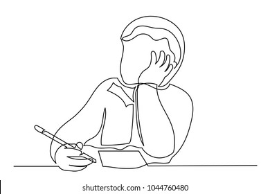 The boy is a student pensively sitting with a pen in his hand in front of a sheet of paper. One line drawing isolated vector object by hand on a white background