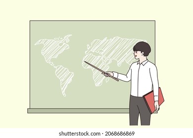 Boy student with pointer answer at board on geography class show on map. Pupil make presentation in school or college. Education and knowledge concept. Flat vector illustration, cartoon character. 