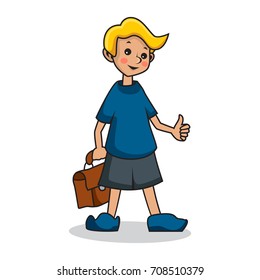Boy student with a portfolio. Vector picture.