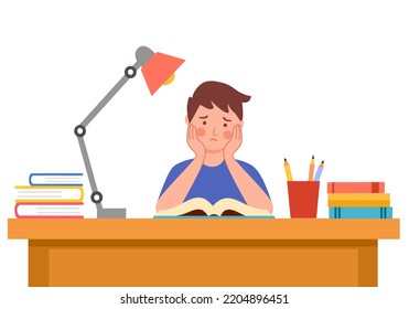 Boy student reading boring or lazy doing homework in flat design on white background. Boring face with books.