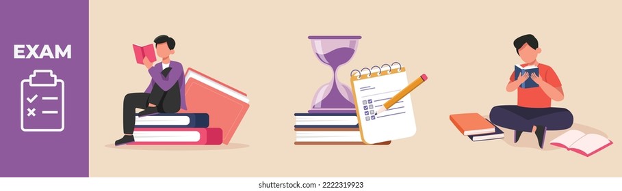 Boy student reads books before exam, sand glass on the book, note and pencil. Preparing for test set concept. Colored flat graphic vector illustration isolated.