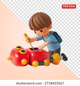 Un niño estudiante está reparando un robot, Vector 3D. Adecuado para educación y tecnología