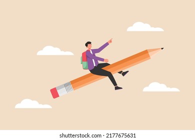 Boy student riding a pencil rocket. Back to school concept. Colored flat graphic vector illustration isolated.
