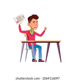 boy student sitting at desk and celebrate great test mark cartoon vector. boy student sitting at desk and celebrate great test mark character. isolated flat cartoon illustration