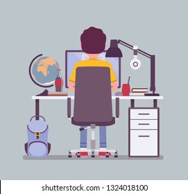 Boy student sitting at desk, rear view. Young pupil doing homework or assignment, teenager preparing for school exams, distance education and online courses, home external study. Vector illustration