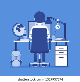 Boy student sitting at desk, rear view. Young pupil doing homework or assignment, teenager preparing for school exams, distance education and online courses, home external study. Vector illustration