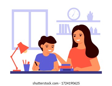 Boy student is sitting at home and is learning lesson with help of teacher, mom. Child is doing homework. Mom helps with solving tasks. Home school, online education, knowledge concept. Vector