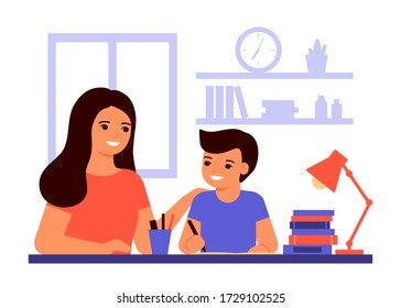 Boy student is sitting at home and is learning lesson with help of teacher, mom. Child is doing homework. Mom helps with solving tasks. Home school, online education, knowledge concept. Vector flat