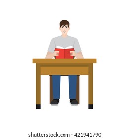 A boy/ student sitting and reading a book. Flat vector.