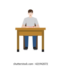 A boy/ student sitting and reading a book. Flat vector.