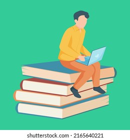 boy student sitting stack books with laptop flat icon illustration, Each element in the design is an individual vector layer