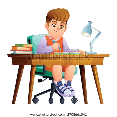 Boy student sitting at a study desk with a lamp and books, writing notes in a notebook or textbook. Vector cartoon illustration