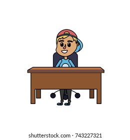 boy student sitting in the wood desk