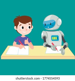 boy student smarter in school than a robot