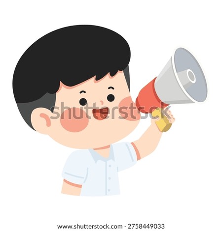 Boy student speaking through megaphone, representing communication, announcement, leadership, school activity, and public speaking in educational environment.