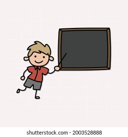 boy student stands at the empty blackboard and smiles, vector doodle illustration.