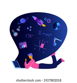 Estudio de niños estudiantes de diferentes materias, química, economía, gramática, gráficos, matemáticas, ciencia con portátil.Conocimiento universitario en Internet.Educación digital a distancia remota.Ilustración vectorial plana