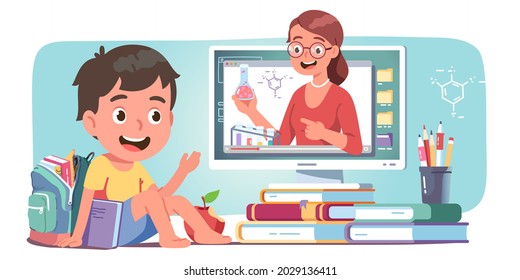 Boy student studying online watching video lesson on computer. Teacher woman person teaching chemistry. Kid among books at home talking to teacher. Remote education concept flat vector illustration