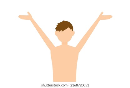 Boy student, in swimsuit,Hailing gesture with outstretched arms