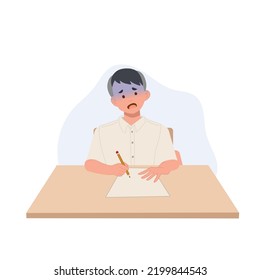 boy in student Uniform getting worry when doing an exam. Student boy can't do the exam. stressful, worried. Asian student. Vector illustration.