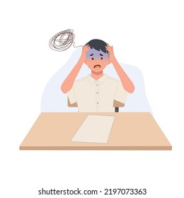 boy in student Uniform is got headache when doing an exam. Student boy can't do the exam. stressful, worried. Asian student. Vector illustration.