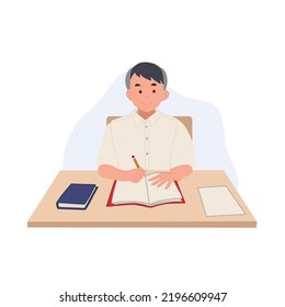 boy in student Uniform is learning in classroom.lecturing. taking note in book. Asian student. Vector illustration.