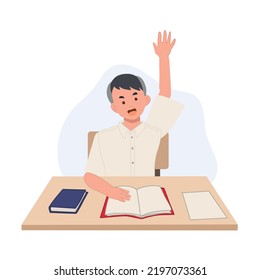 boy in student Uniform is raise his hand up to asking the question or answering in classroom. Asian student. Vector illustration.