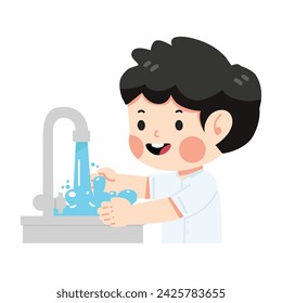 Boy Student washing hands in sink cartoon