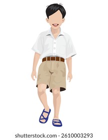 A boy student wearing a white shirt and brown shorts.