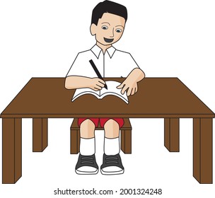 Boy student writing and thinking happily. Vector illustration of an elementary student writing on his desk.