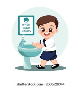 Boy Students Character Washing Hands with Soap under running Water. Covid preventive at school scene. Prevention against Virus and Infection. Asian school safe from covid-19