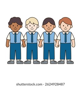 BOY STUDENTS HOLDING HANDS children illustration simple outline drawing character doodle diverse race and ethnicity people cute kawaii style