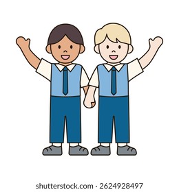 BOY STUDENTS HOLDING HANDS UP children illustration simple outline drawing character doodle diverse race and ethnicity people cute kawaii style