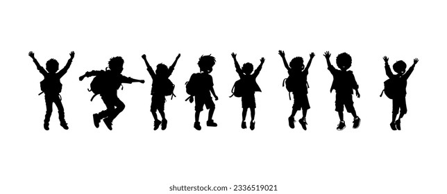 Boy students silhouette isolated on white background. Back to school concept. Funny kids symbol vector illustration