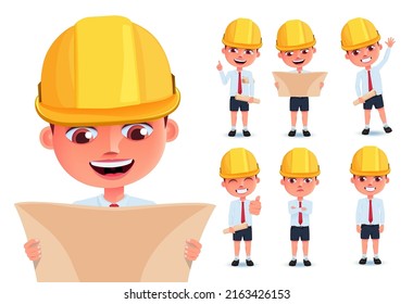 Boy students vector character set. Boys engineers character with hard hat and blueprint layout isolated in white background for male kid character collection. Vector illustration.
