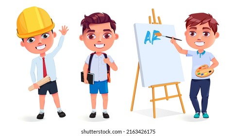 Boy students vector character set design. Boys character in artist, engineer and student uniform with friendly and happy expression for male kid character collection. Vector illustration.
