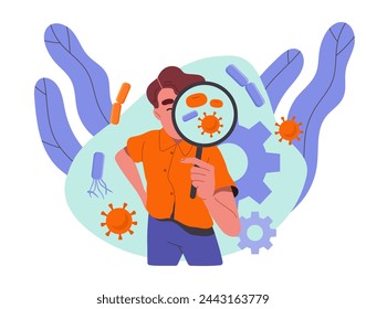 Boy studies bacteria concept. Guy with magnifying glass evaluate molecules. Education and learning, training. Biological research. Cartoon flat vector illustration isolated on white background