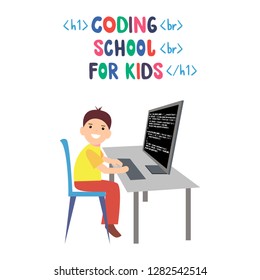 The boy studies coding at the computer, programming code is written on the monitor and hand drawn lettering phrase Coding school for kids. Vector graphics