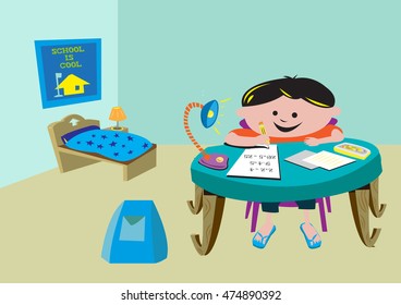 A boy studies his homework at home concept. Editable Clip Art.