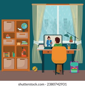 The boy studies remotely, communicates with the teacher via an Internet broadcast. Home schooling. Vector illustration.