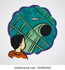 The boy study abandoned ship or submarine vector cartoon poster
