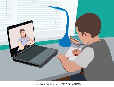 a boy study at home with tutorial teacher by online with laptop. Technology communication for education on pandemic era, home schooling