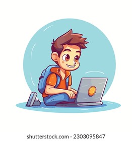 Boy Study With Laptop Vector Cartoon Icon Mascot Illustration