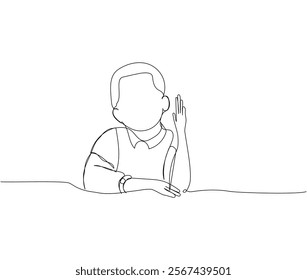 Boy studying, answering in class, raising hand one line art. Continuous line drawing of online learning, knowledge, school, preparation, answer, lesson