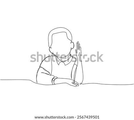 Boy studying, answering in class, raising hand one line art. Continuous line drawing of online learning, knowledge, school, preparation, answer, lesson